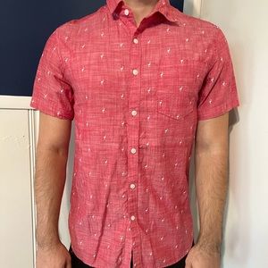 Salmon casual button down shirt with white flamingos print. Very good condition!